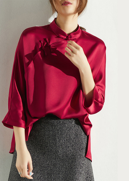 top quality Red Mandarin Collar side open Silk Shirt Three Quarter sleeve