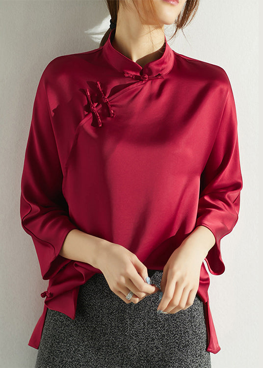 top quality Red Mandarin Collar side open Silk Shirt Three Quarter sleeve