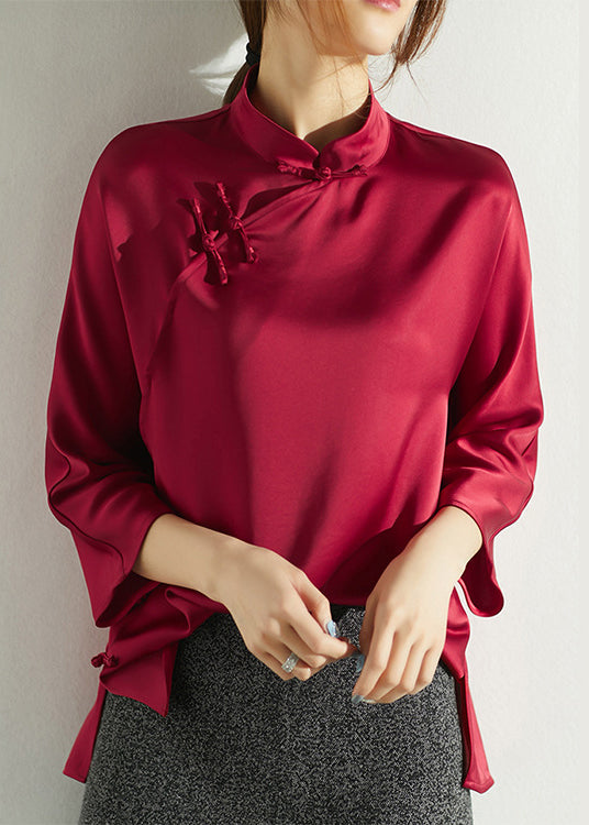 Red Mandarin Collar side open Silk Shirt Three Quarter Sleeve