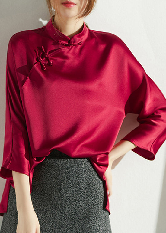 top quality Red Mandarin Collar side open Silk Shirt Three Quarter sleeve