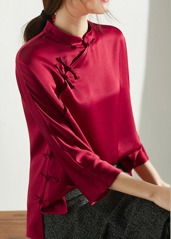 Red Mandarin Collar side open Silk Shirt Three Quarter Sleeve