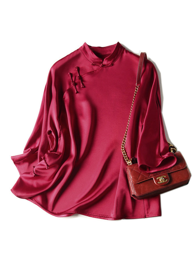 Red Mandarin Collar side open Silk Shirt Three Quarter Sleeve