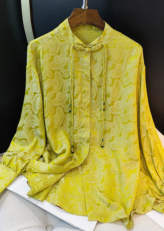 Yellow Stand Collar Jacquard Silk Blouses Long Sleeve