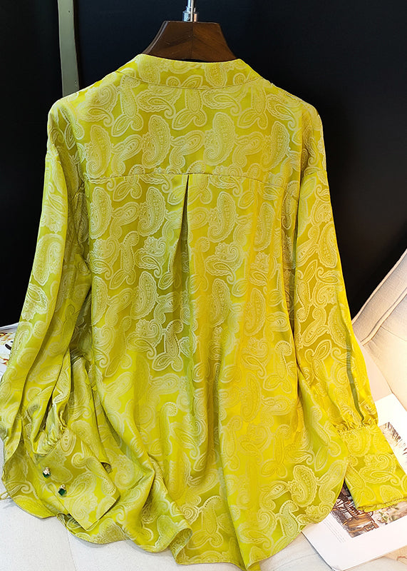 Yellow Stand Collar Jacquard Silk Blouses Long Sleeve