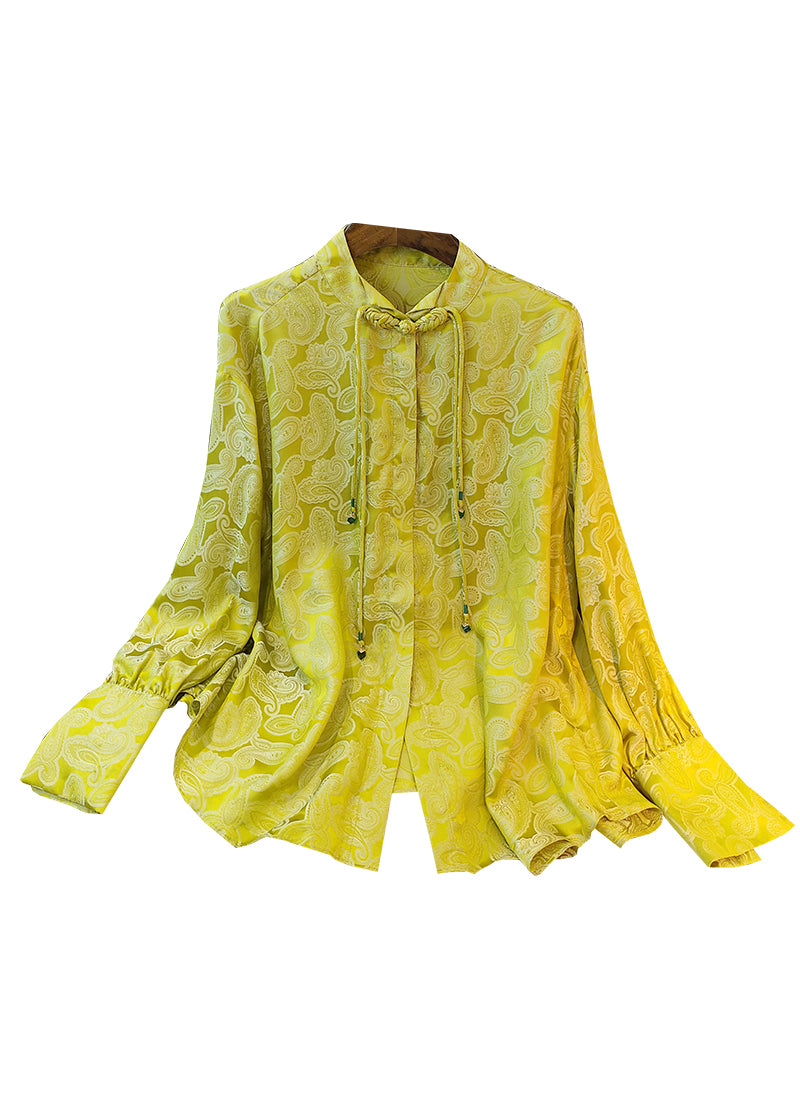 Yellow Stand Collar Jacquard Silk Blouses Long Sleeve