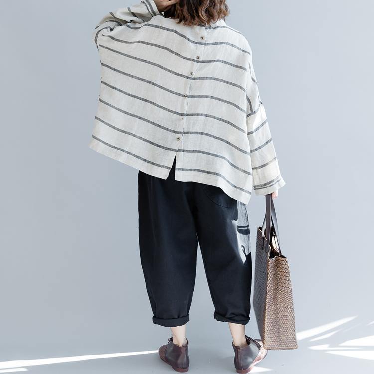 top quality beige striped linen pullover Loose fitting casual cardigans women back open o neck cotton tops - Omychic