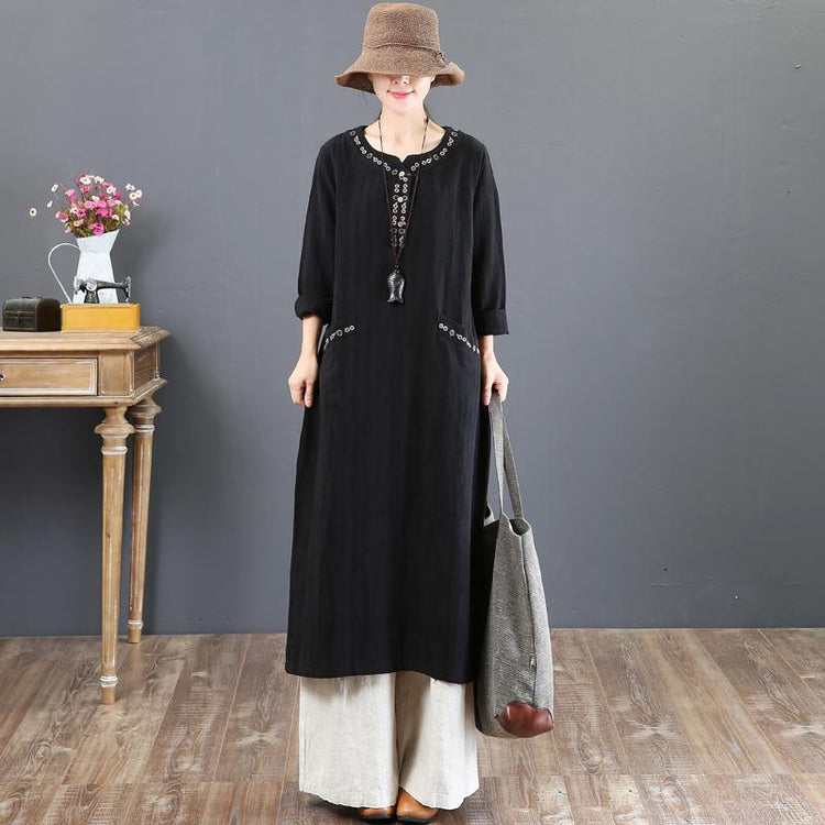 top quality black 2018 fall dress plus size clothing embroidery traveling clothing Fine pockets gown - Omychic