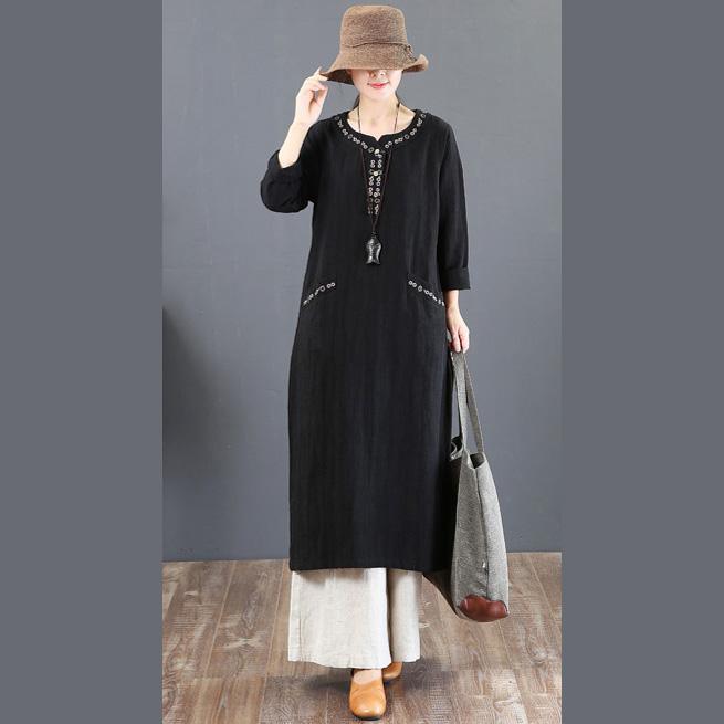 top quality black 2018 fall dress plus size clothing embroidery traveling clothing Fine pockets gown - Omychic