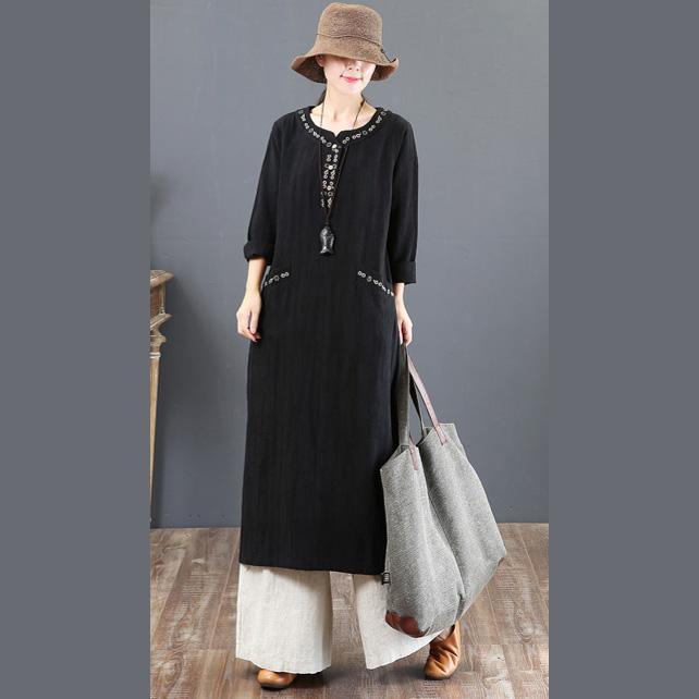 top quality black 2018 fall dress plus size clothing embroidery traveling clothing Fine pockets gown - Omychic