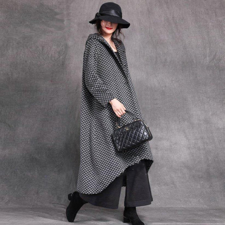 top quality black Plaid Woolen Coats oversized long hooded patchwork coats - Omychic