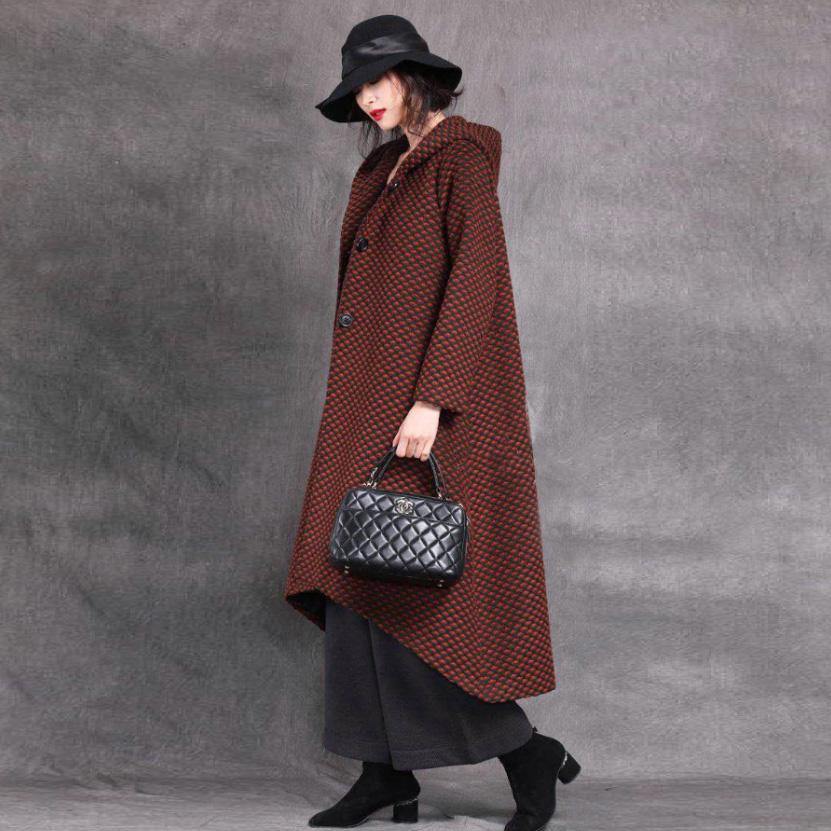 top quality black Plaid Woolen Coats oversized long hooded patchwork coats - Omychic