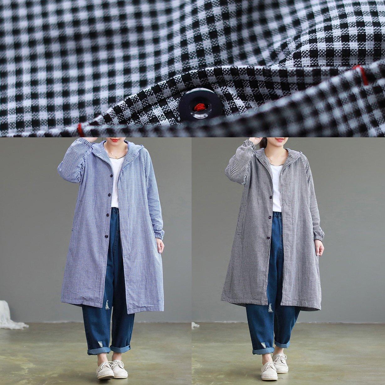 top quality black Plaid overcoat oversized medium length hooded outwear pockets - Omychic