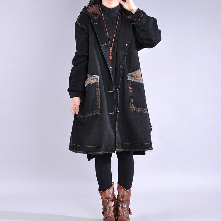 top quality black casual outfit Loose fitting warm winter coat hooded alphabet prints overcoat - Omychic
