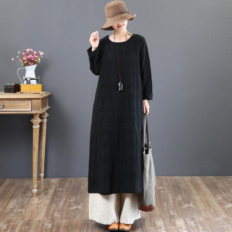 top quality black cotton caftans oversize o neck traveling dress Fine long sleeve cotton caftans - Omychic