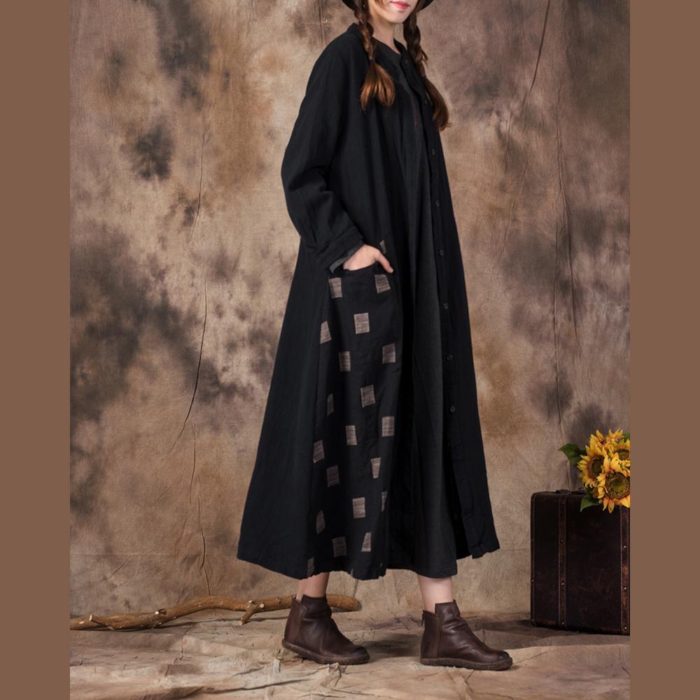 top quality black cotton linen coat oversized stand collar pockets spring coat - Omychic