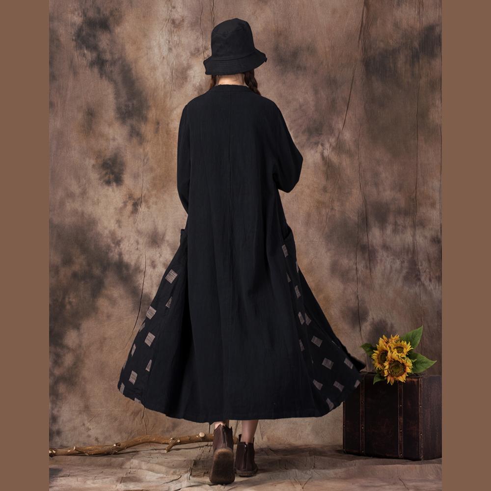 top quality black cotton linen coat oversized stand collar pockets spring coat - Omychic