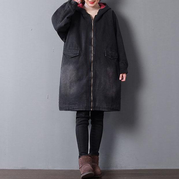 top quality black denim parkas Loose fitting hooded Elegant pockets zippered winter coats - Omychic