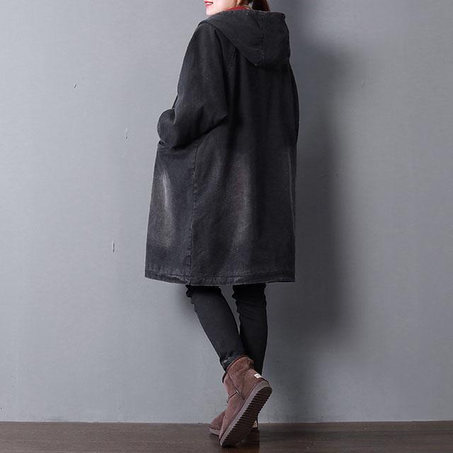top quality black denim parkas Loose fitting hooded Elegant pockets zippered winter coats - Omychic
