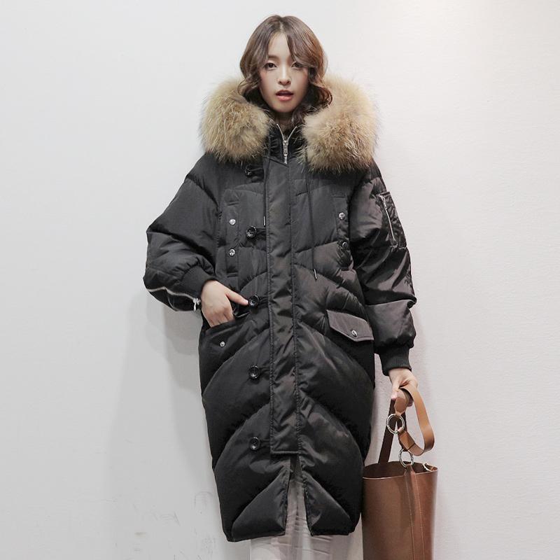 top quality black duck down coat Loose fitting hooded fur collar winter jacket zippered long sleeve coats - Omychic