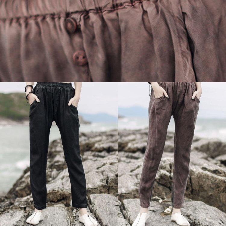 top quality black elastic waist silk blended pockets long pants - Omychic
