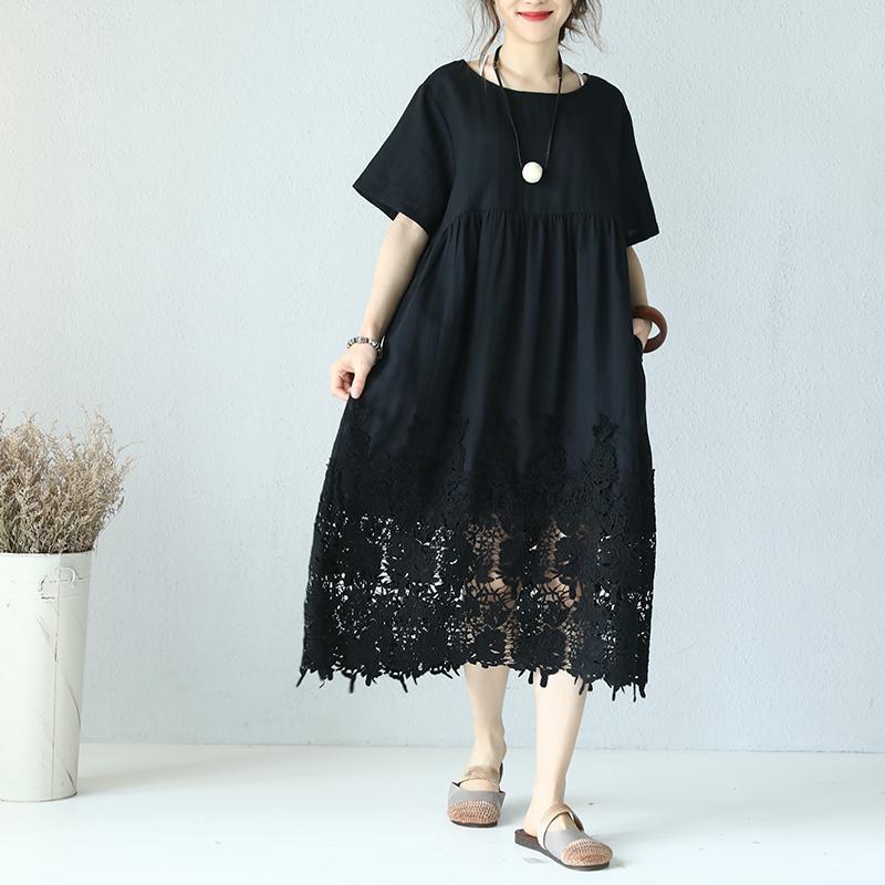 top quality black linen dress Loose fitting O neck linen clothing dresses Elegant short sleeve baggy dresses - Omychic