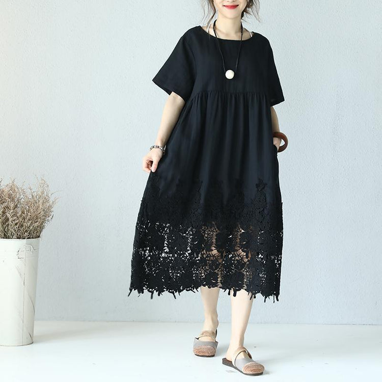 top quality black linen dress Loose fitting O neck linen clothing dresses Elegant short sleeve baggy dresses - Omychic