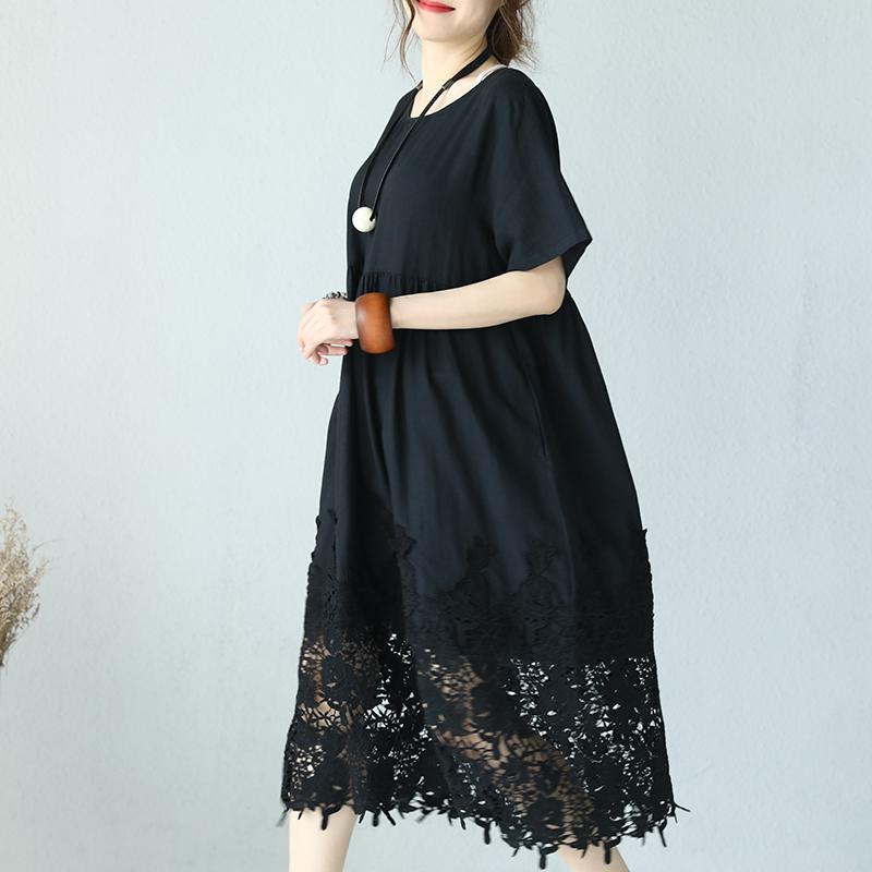 top quality black linen dress Loose fitting O neck linen clothing dresses Elegant short sleeve baggy dresses - Omychic