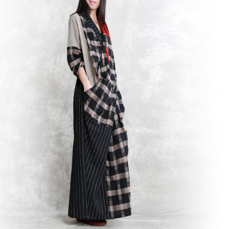 top quality black long linen dress oversize asymmetric patchwork gown New back open kaftans - Omychic