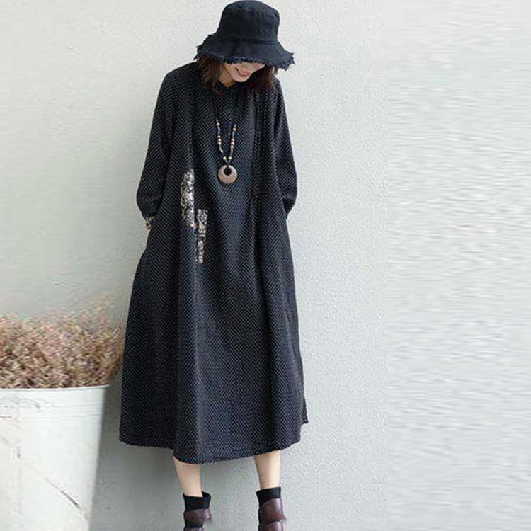 top quality black long linen dresses plus size Jacquard fall dresses Elegant Appliques - Omychic