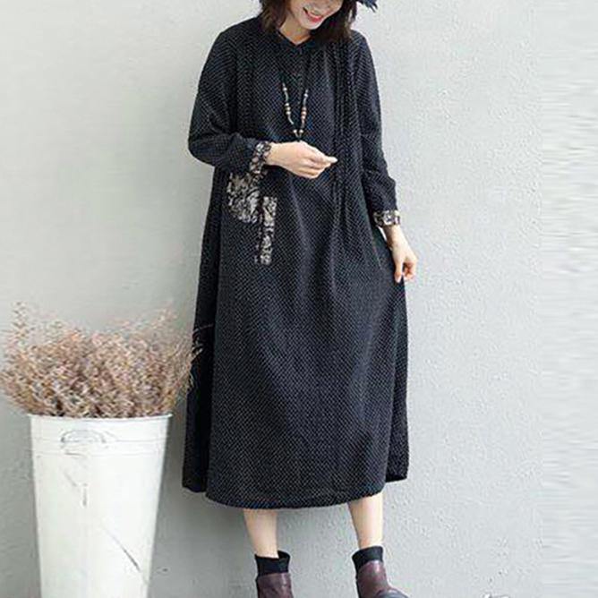 top quality black long linen dresses plus size Jacquard fall dresses Elegant Appliques - Omychic