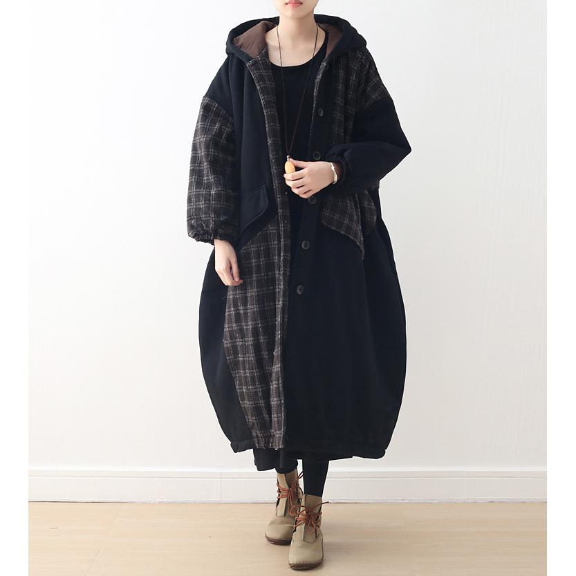 top quality black patchwork Plaid women Loose fitting hooded Coats thick Batwing Sleeve pockets winter cotton outwear - Omychic