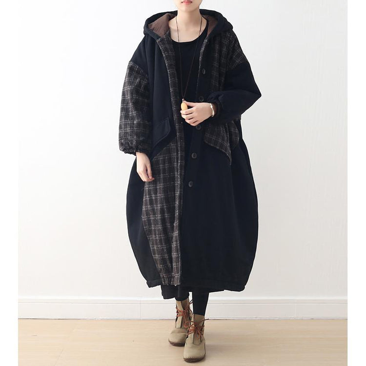 top quality black patchwork Plaid women Loose fitting hooded Coats thick Batwing Sleeve pockets winter cotton outwear - Omychic