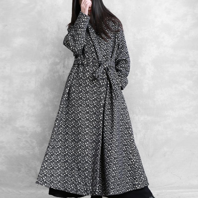 top quality black plaid wool coat oversized long jackets v neck tie waist outwear - Omychic