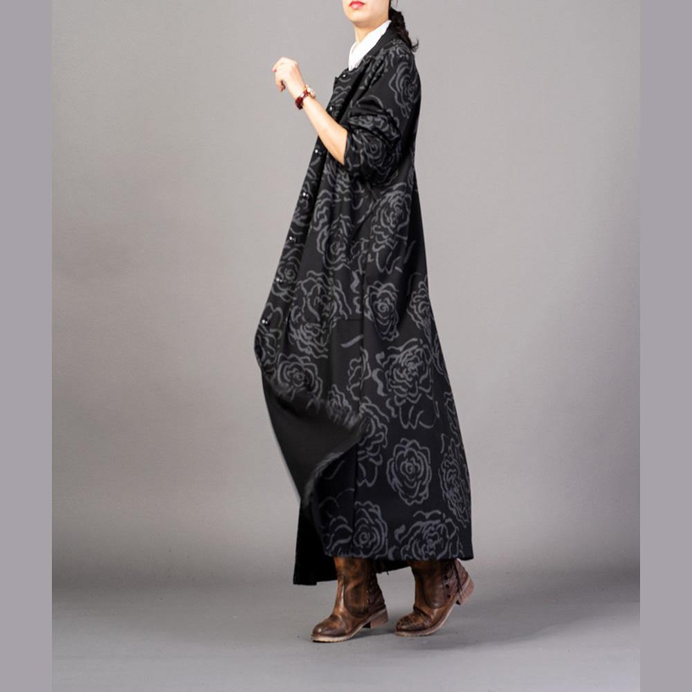 top quality black print coats plus size trench coat stand collar pockets outwear - Omychic