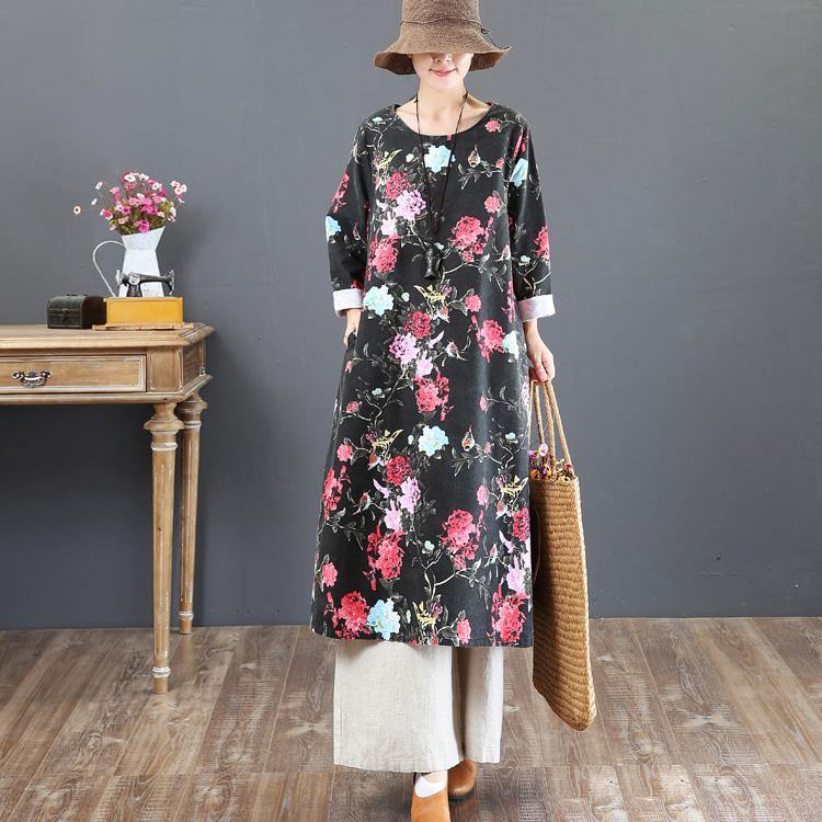 top quality black prints cotton dresses oversize long sleeve cotton maxi dress casual loose waist kaftans - Omychic