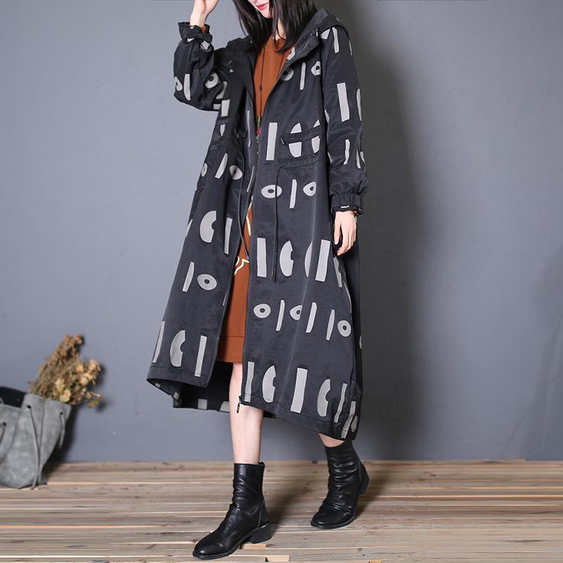 top quality black prints hooded coat oversized trench coat fall drawstring - Omychic