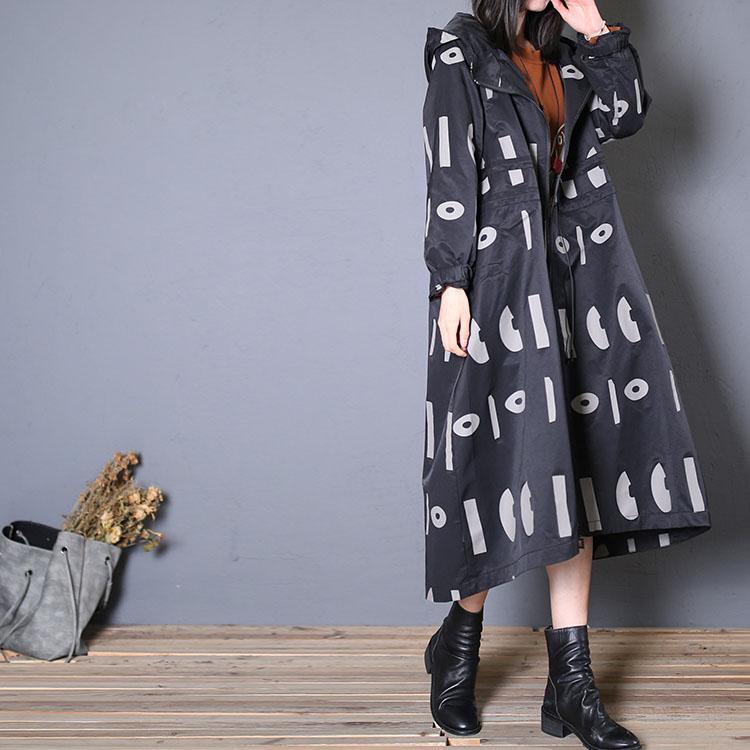 top quality black prints hooded coat oversized trench coat fall drawstring - Omychic
