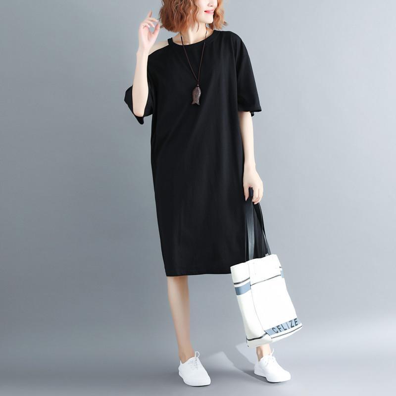 Top Quality Black Pure Cotton Dress Oversized Cotton Dress Top Quality Short Sleeve O Neck Baggy Dresses - Omychic