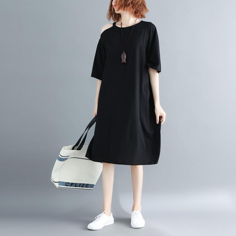 Top Quality Black Pure Cotton Dress Oversized Cotton Dress Top Quality Short Sleeve O Neck Baggy Dresses - Omychic