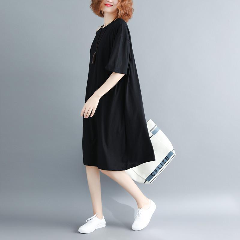 Top Quality Black Pure Cotton Dress Oversized Cotton Dress Top Quality Short Sleeve O Neck Baggy Dresses - Omychic