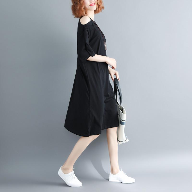 Top Quality Black Pure Cotton Dress Oversized Cotton Dress Top Quality Short Sleeve O Neck Baggy Dresses - Omychic