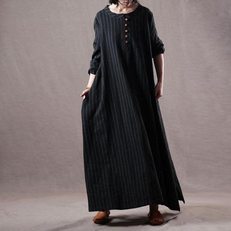 top quality black striped long linen dress oversized o neck traveling clothing 2018 side open caftans - Omychic