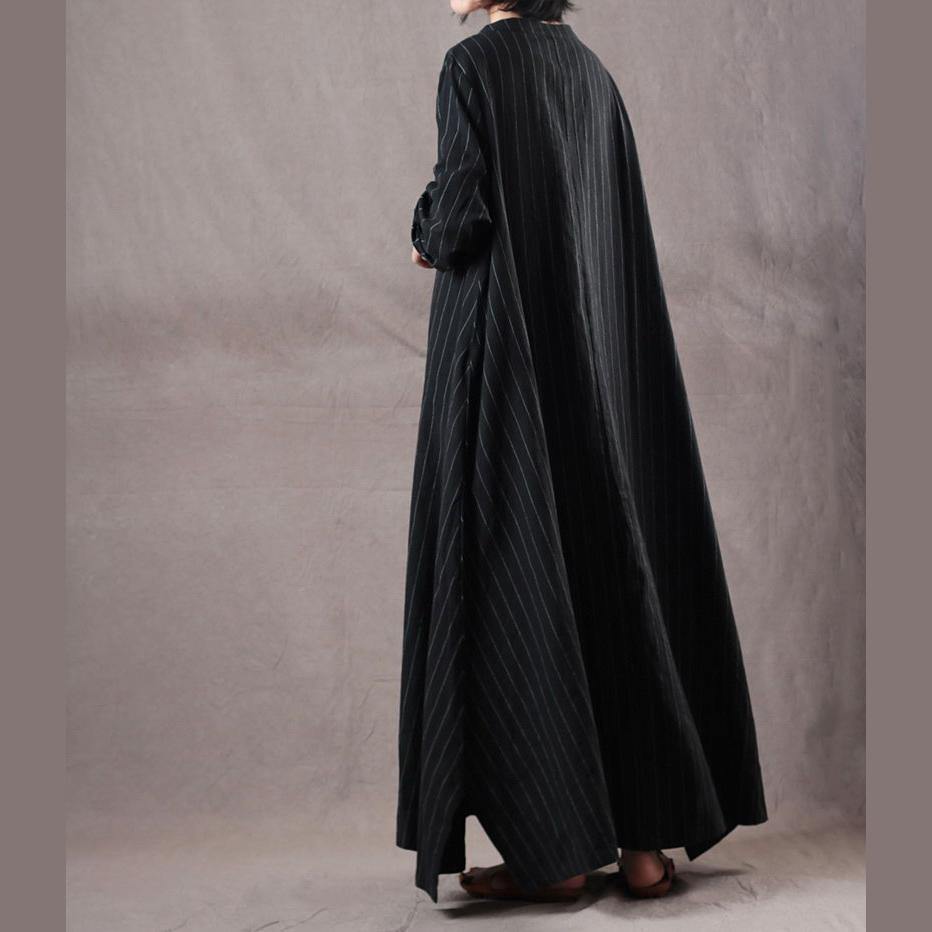 top quality black striped long linen dress oversized o neck traveling clothing 2018 side open caftans - Omychic