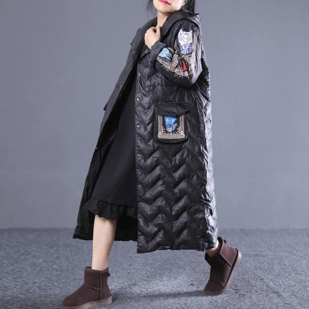 top quality black winter down coat Loose fitting hooded down coat Luxury embroidery pockets winter down coat - Omychic