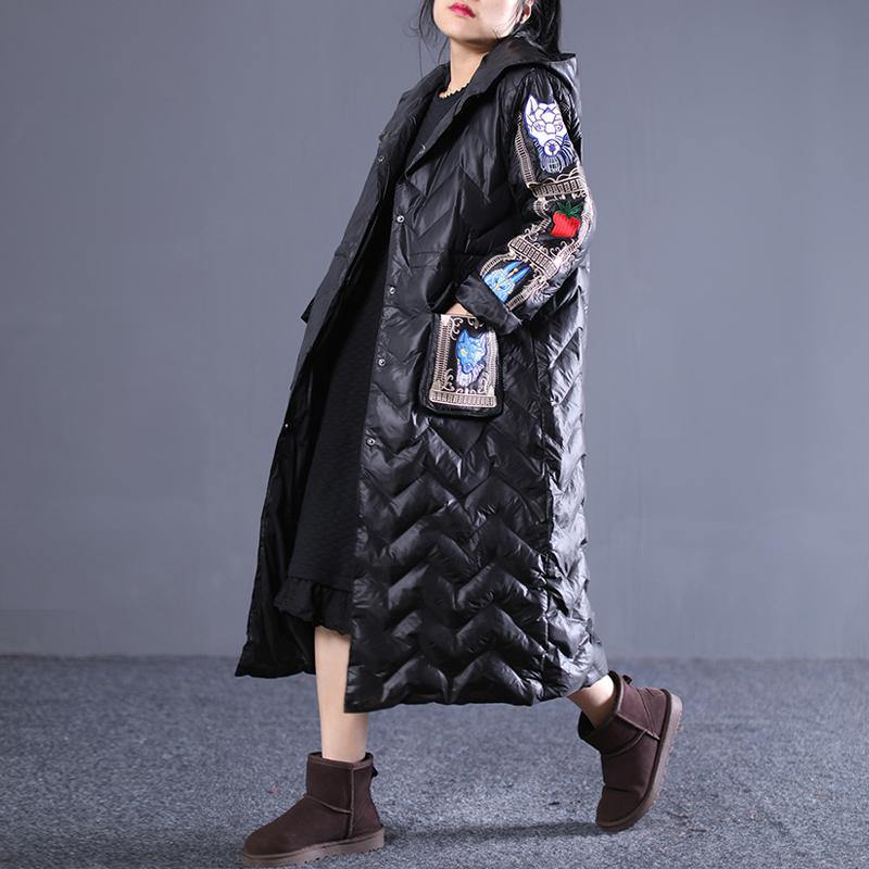 top quality black winter down coat Loose fitting hooded down coat Luxury embroidery pockets winter down coat - Omychic
