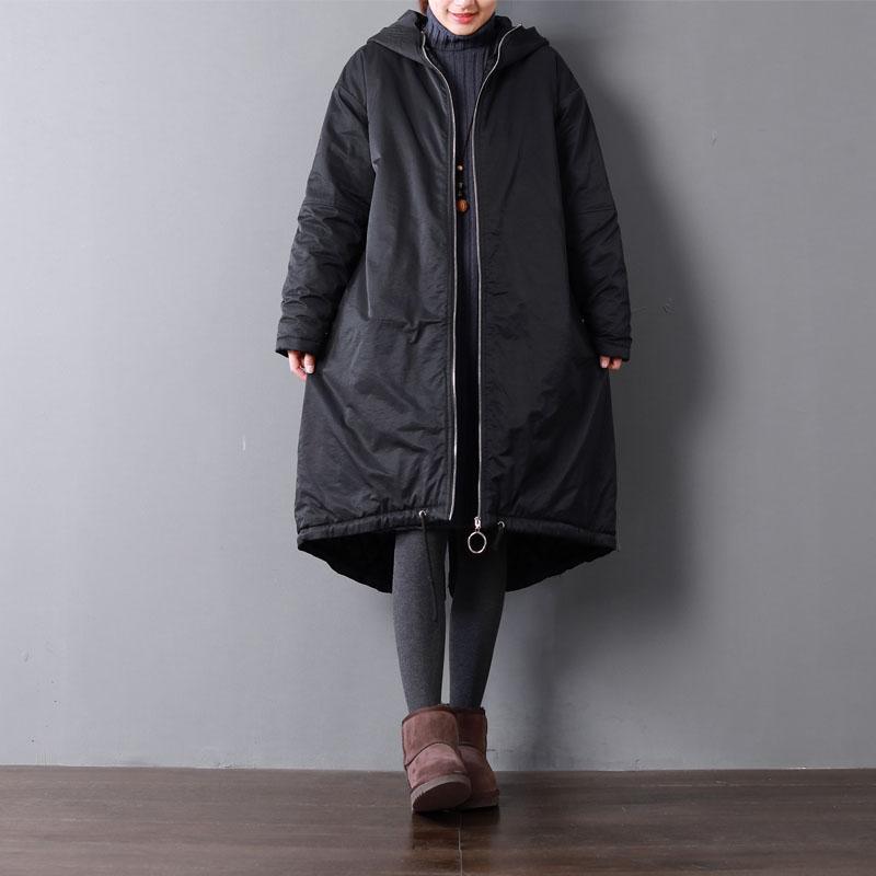 top quality black women parka casual hooded jacket thick pockets drawstring coats - Omychic