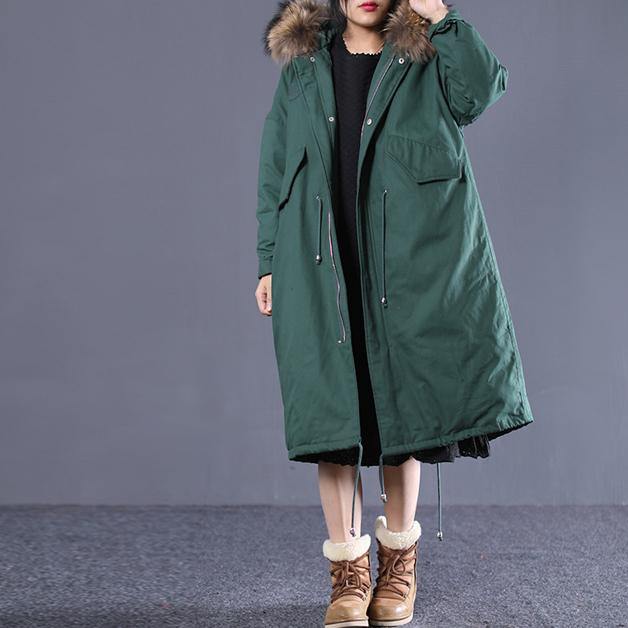 top quality blackish green down overcoat plus size clothing hooded fur collar quilted coat New drawstring pockets winter outwear - Omychic