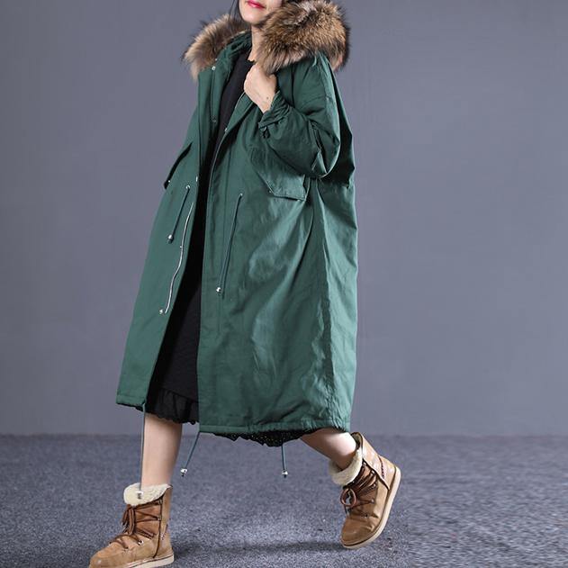 top quality blackish green down overcoat plus size clothing hooded fur collar quilted coat New drawstring pockets winter outwear - Omychic