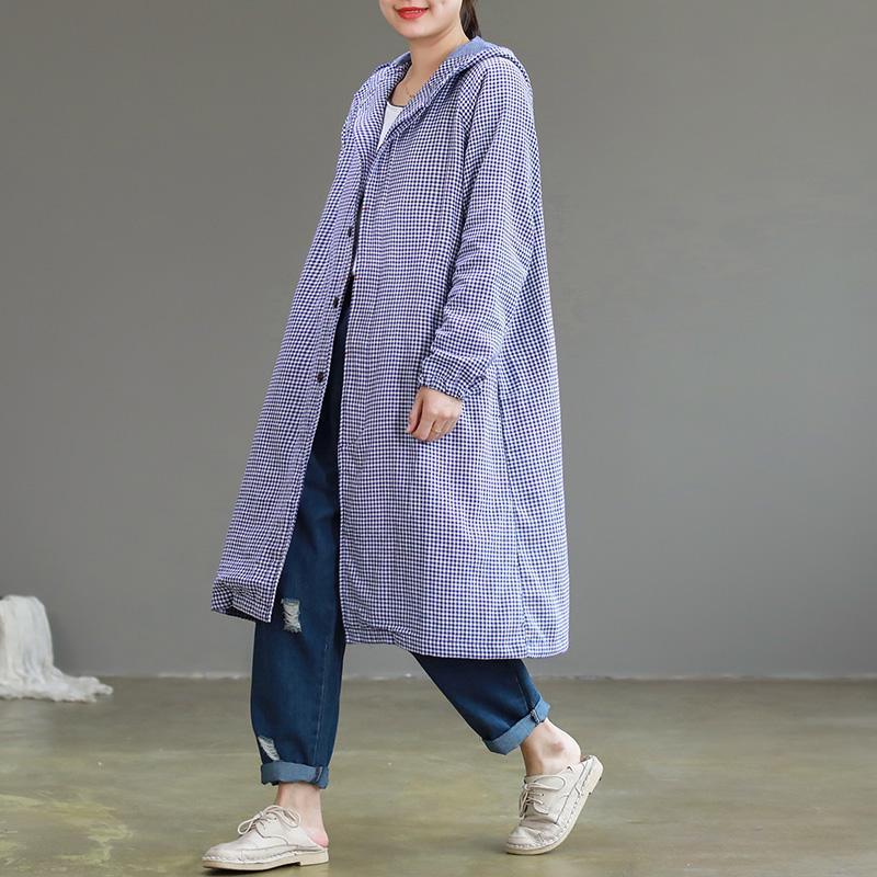 top quality blue Plaid pockets oversized mid-length hooded outwear - Omychic