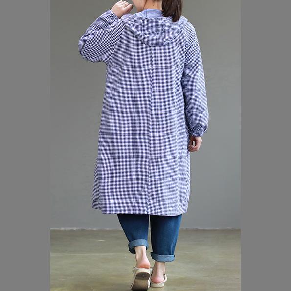 top quality blue Plaid pockets oversized mid-length hooded outwear - Omychic